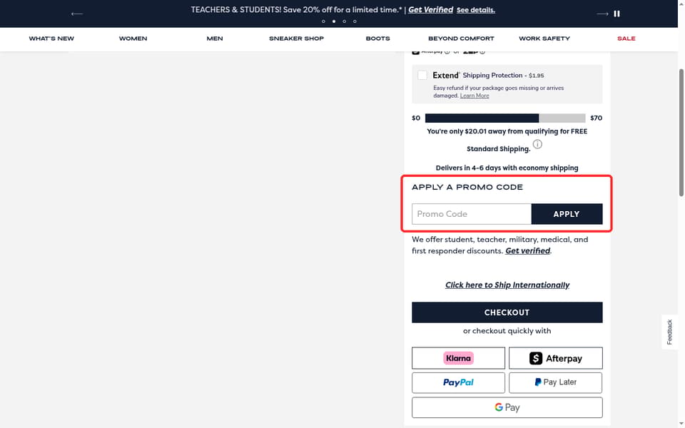 Dr. Scholl's Shoes checkout page showing the Promo Code field and Apply button