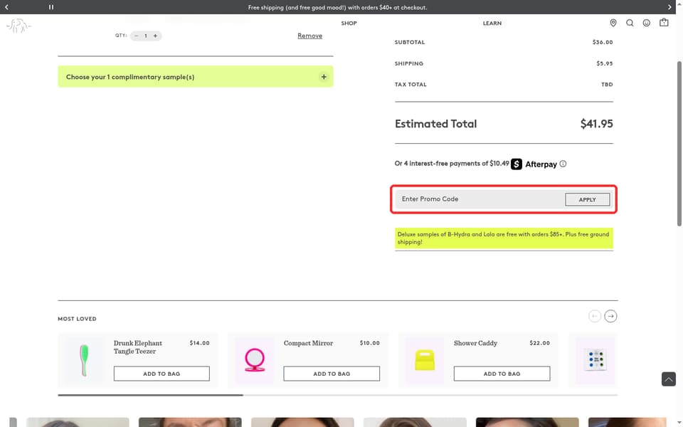 Drunk Elephant checkout page showing the Enter Promo Code field and Apply button