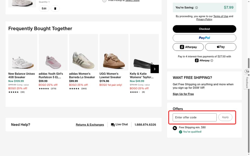 DSW Canada checkout page showing the Enter offer code field and Apply button