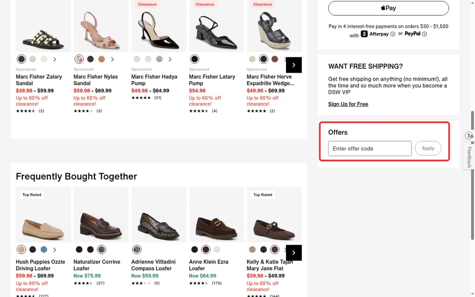 DSW checkout page showing the Enter offer code field and Apply button