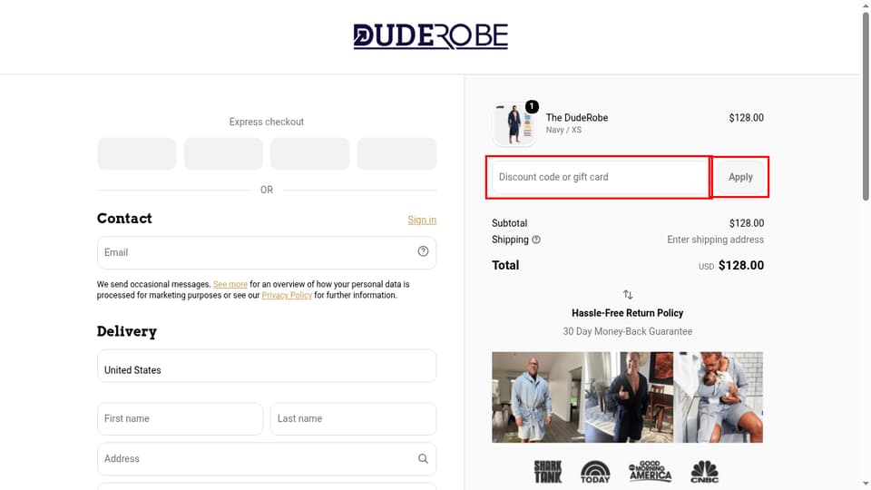 DudeRobe checkout page showing the Discount code or gift card field and Apply button
