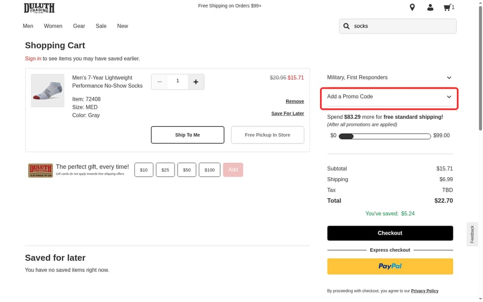 Duluth Trading Co. checkout page showing the Enter a Promo Code field and Apply button