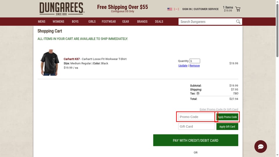 Dungarees checkout page showing the Promo Code field and Apply Promo Code button