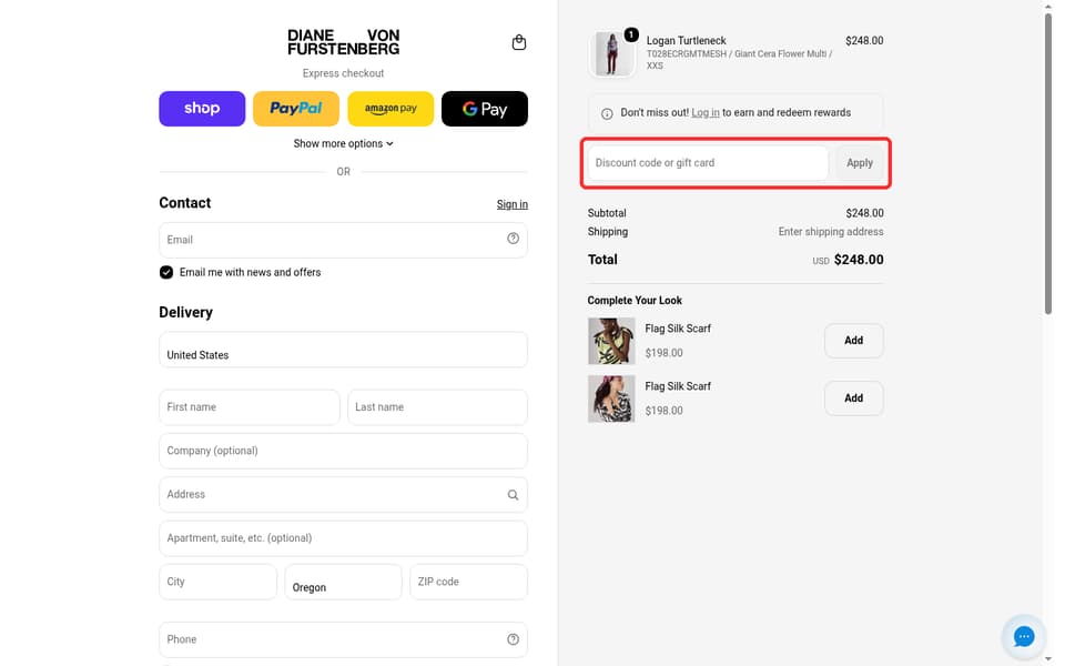 Diane Von Furstenberg checkout page showing the Discount code or gift card field and Apply button