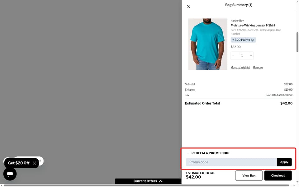 Destination XL checkout page showing the Promo code field and Apply button