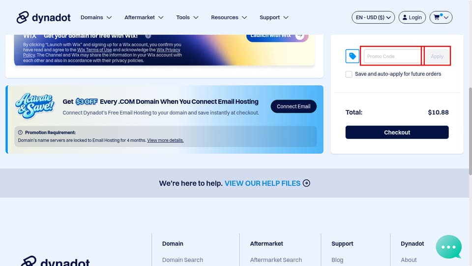 Dynadot checkout page showing the Promo Code field and Apply button