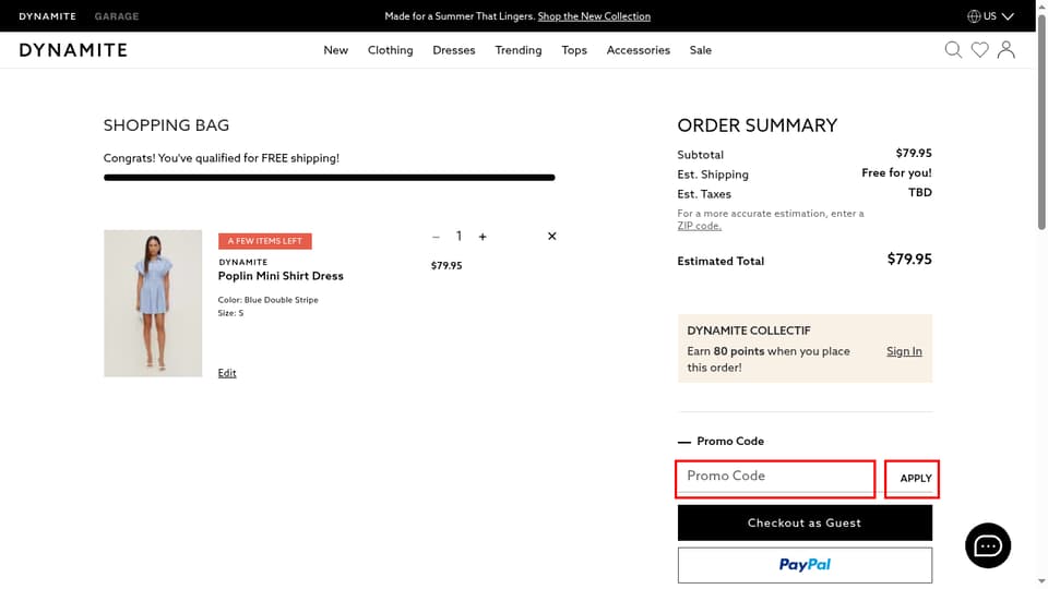 Dynamite Clothing checkout page showing the Promo Code field and Apply button