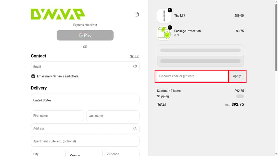 DynaVap checkout page showing the Discount code or gift card field and Apply button