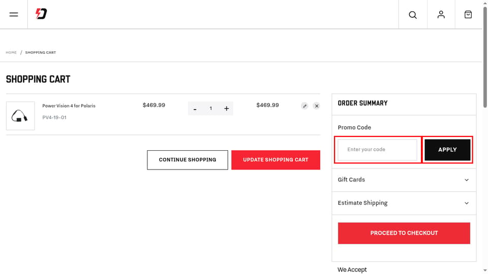 Dynojet checkout page showing the Enter your code field and Apply button