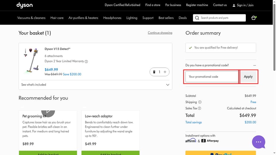 Dyson checkout page showing the Your promotional code field and Apply button
