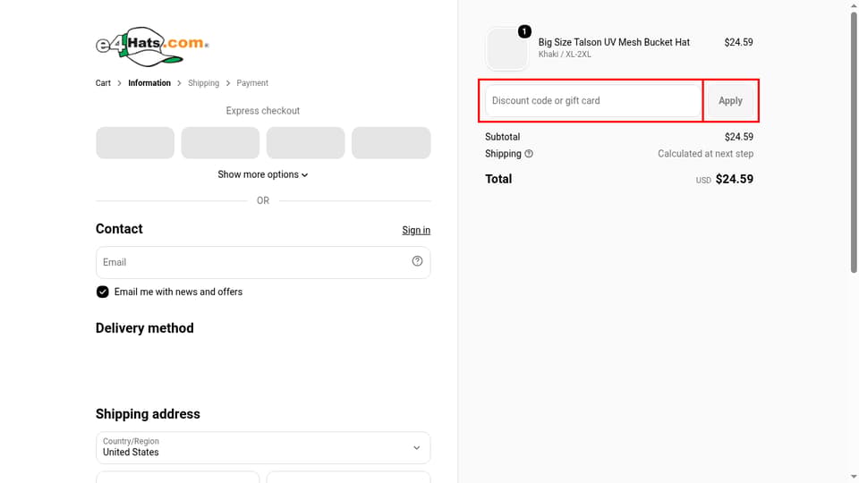 e4Hats checkout page showing the Discount code or gift card field and Apply button