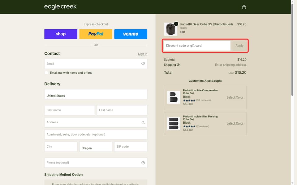 Eagle Creek checkout page showing the Discount code or gift card field and Apply button