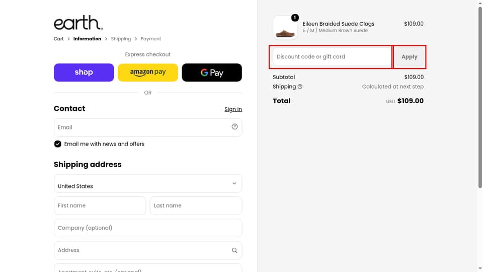 earth shoes checkout page showing the Discount code or gift card field and Apply button