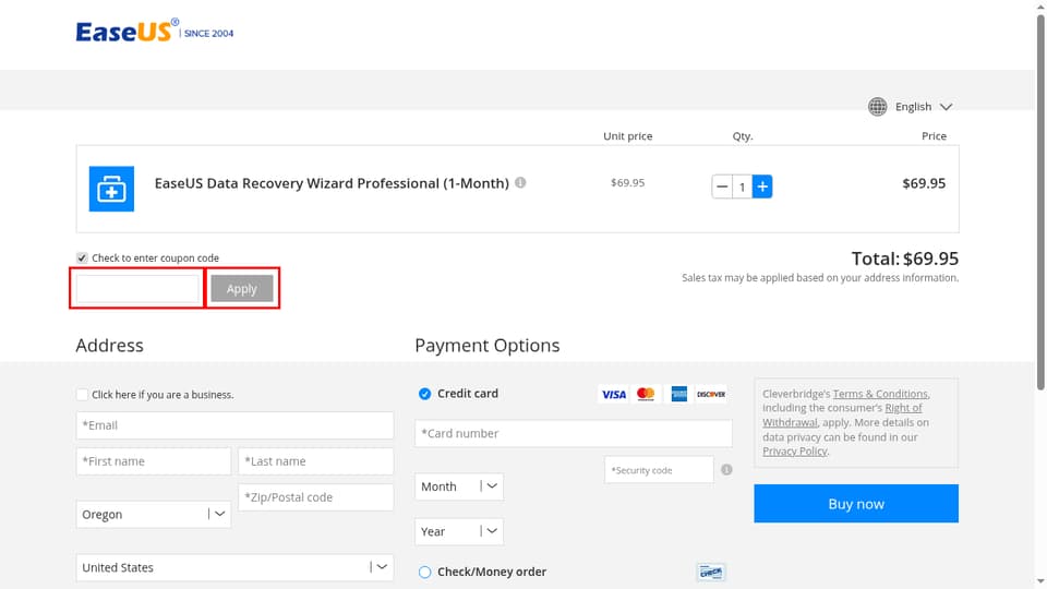 EaseUS checkout page showing the promo code field and Apply button