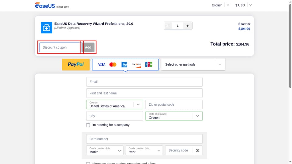 EaseUS checkout page showing the Discount coupon field and Add button