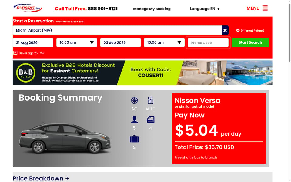 Easirent checkout page showing the Promo Code field and Update Booking button