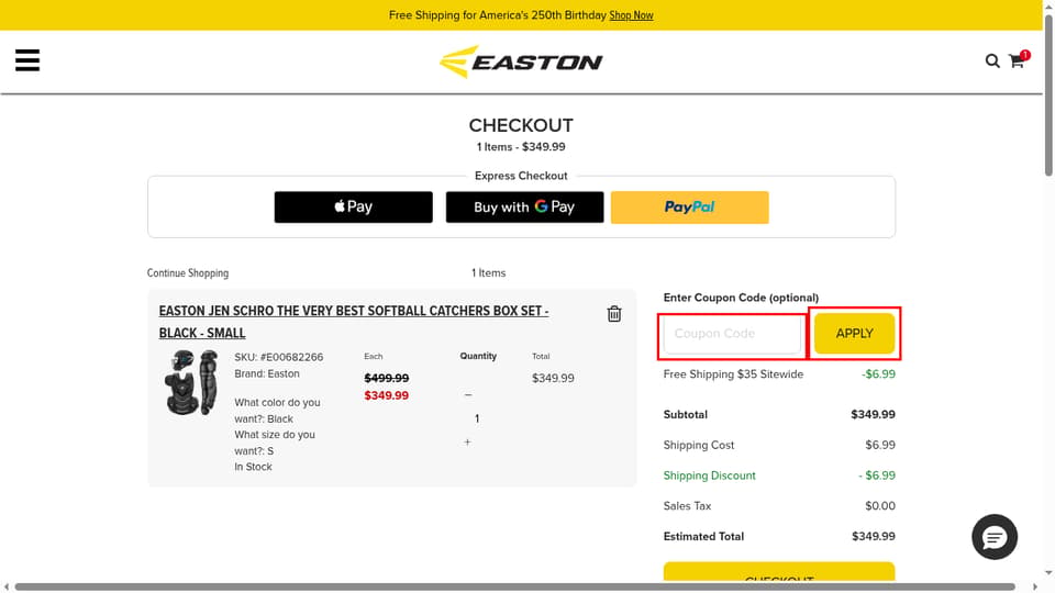 Easton checkout page showing the Coupon Code field and Apply button