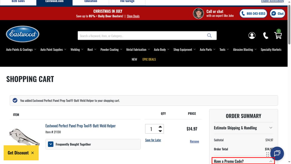 The Eastwood Company checkout page showing the Enter Source or Discount Code field and Apply Code button
