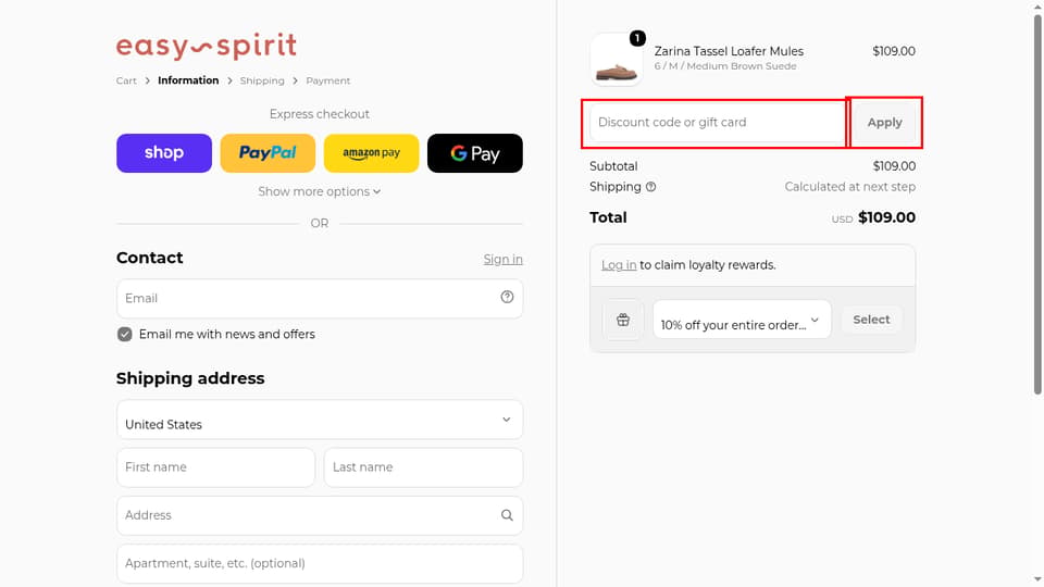 Easy Spirit checkout page showing the Discount code or gift card field and Apply button