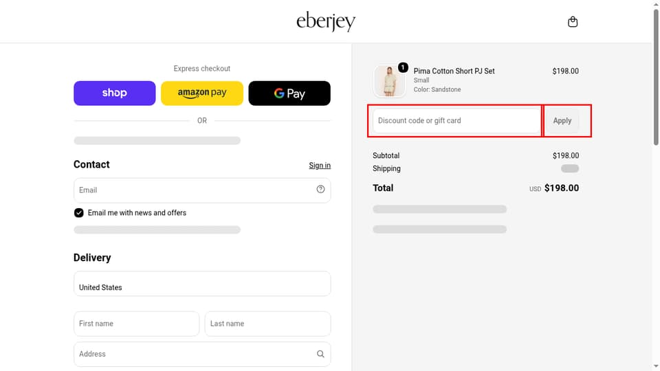 Eberjey checkout page showing the Discount code or gift card field and Apply button