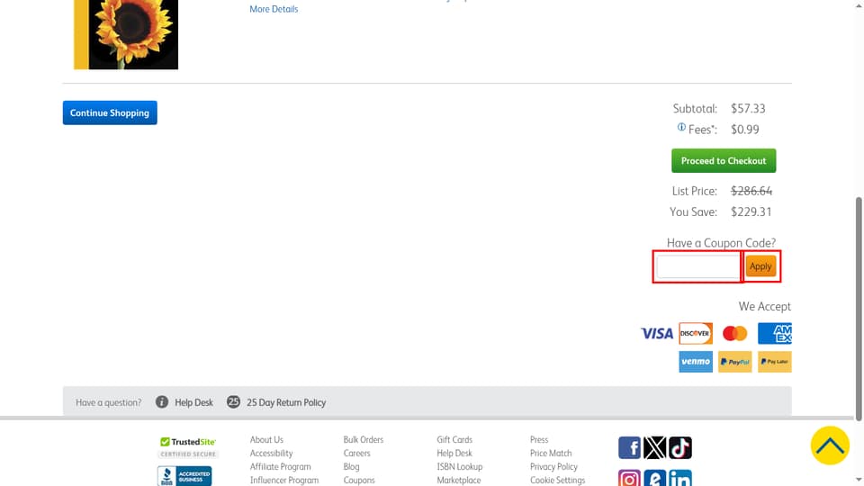 eCampus checkout page showing the promo code field and Apply button