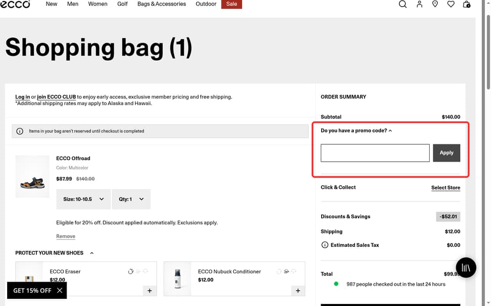ECCO checkout page showing the Do you have a promo code? field and Apply button