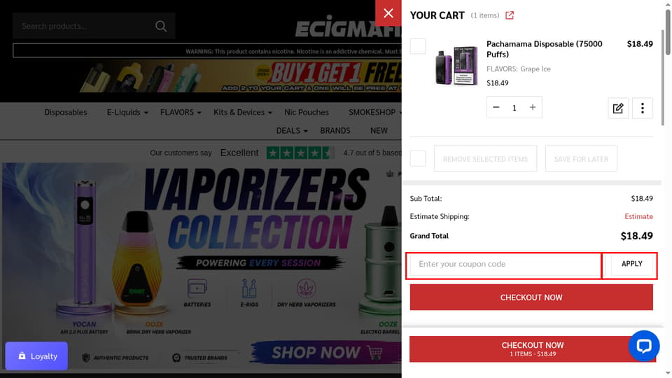 ECigMafia checkout page showing the Enter your coupon code field and APPLY button