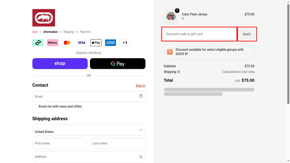 ECKO UNLTD. checkout page showing the Discount code or gift card field and Apply button