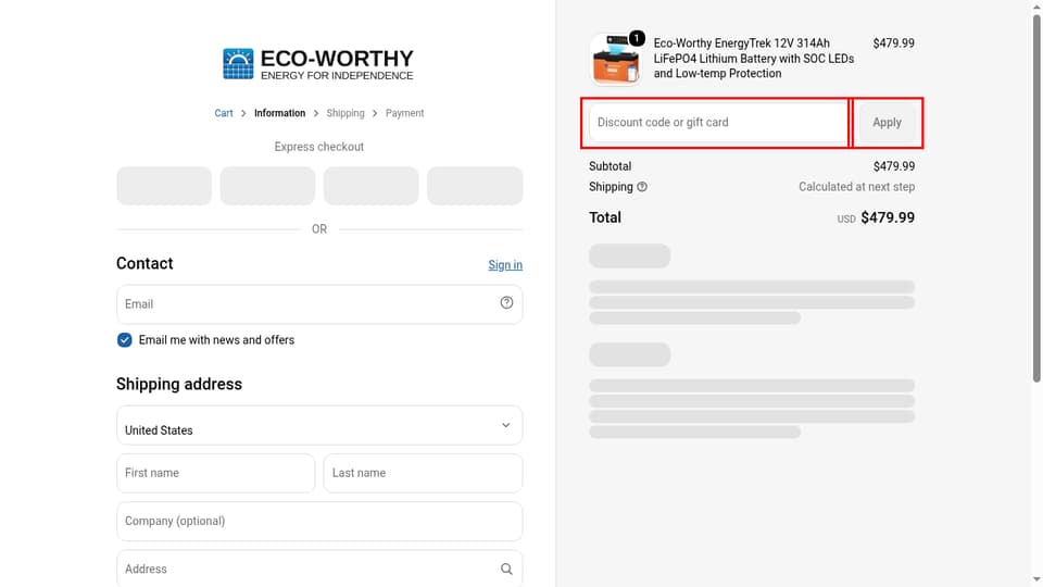 ECO-WORTHY checkout page showing the Discount code or gift card field and Apply button