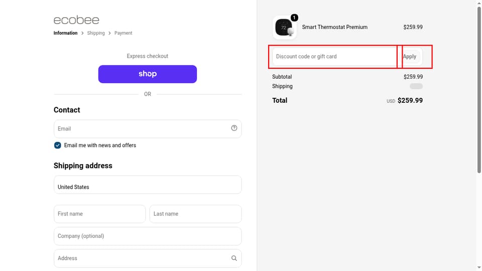 ecobee checkout page showing the Discount code or gift card field and Apply button