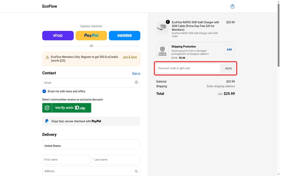 EcoFlow checkout page showing the Discount code or gift card field and Apply button