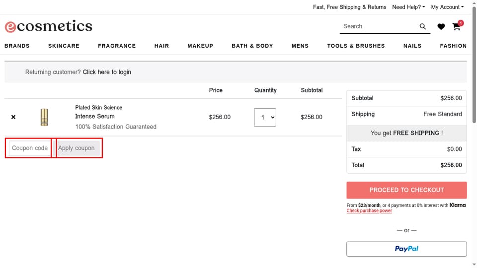 eCosmetics checkout page showing the Coupon code field and Apply coupon button