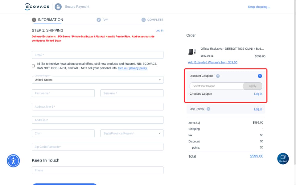 Ecovacs checkout page showing the Select Your Coupon field and Apply button