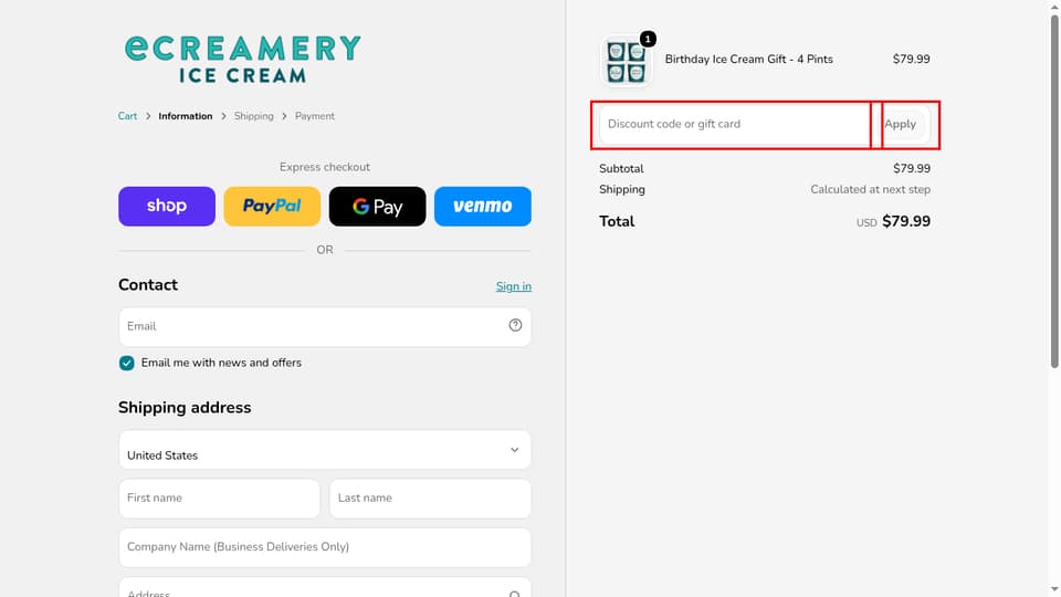 eCreamery checkout page showing the Discount code or gift card field and Apply button