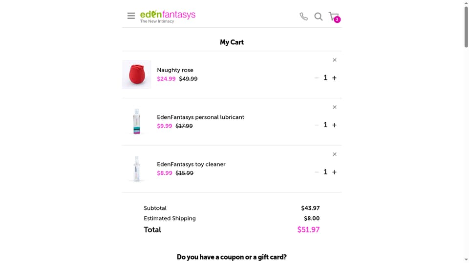 EdenFantasys checkout page showing the Code goes here field and Add button
