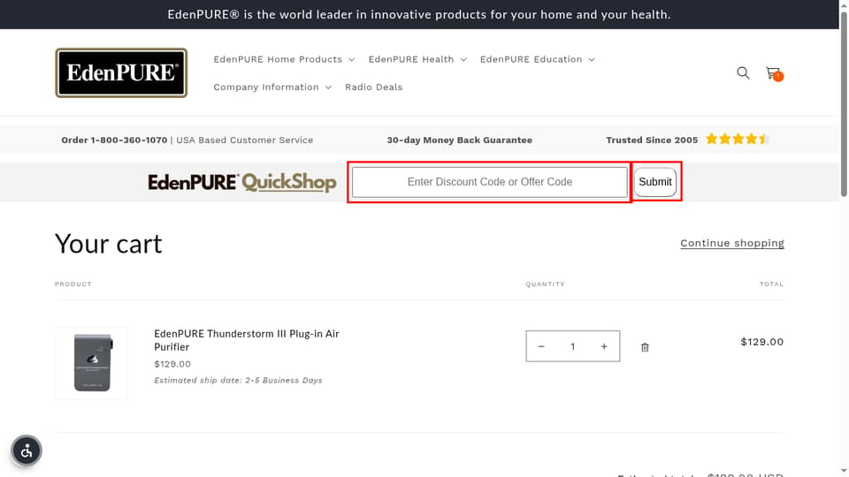 EdenPURE checkout page showing the Enter Discount Code or Offer Code field and Submit button
