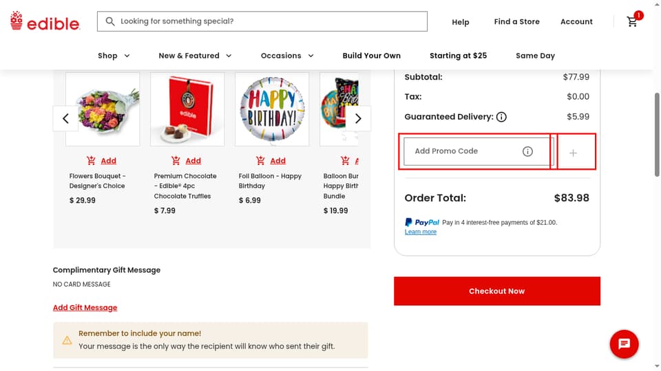 Edible Arrangements checkout page showing the Add Promo Code field and Apply button