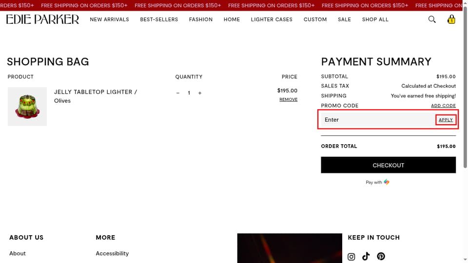 Edie Parker checkout page showing the Enter field and Apply button