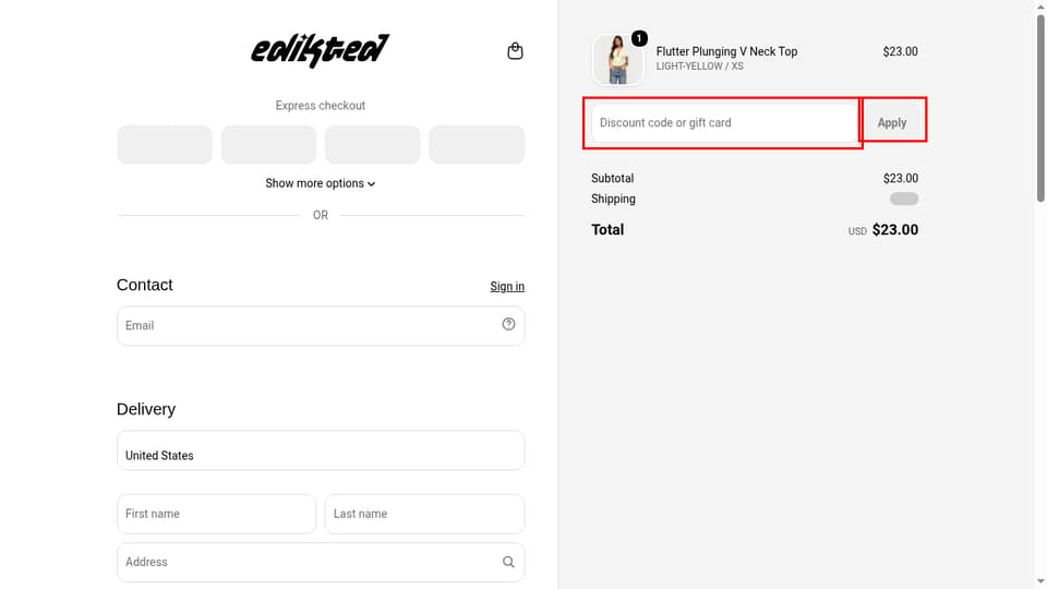 Edikted checkout page showing the Discount code or gift card field and Apply button