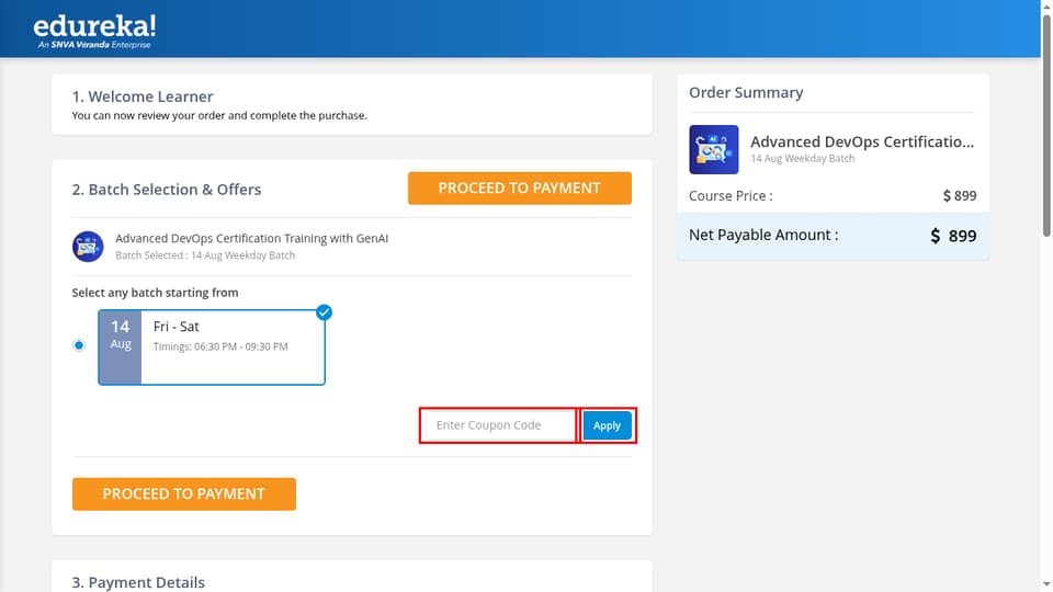 Edureka checkout page showing the Enter Coupon Code field and Apply button
