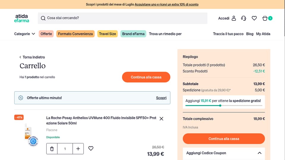 Atida eFarma checkout page showing the Codici Sconto field and Applicare button