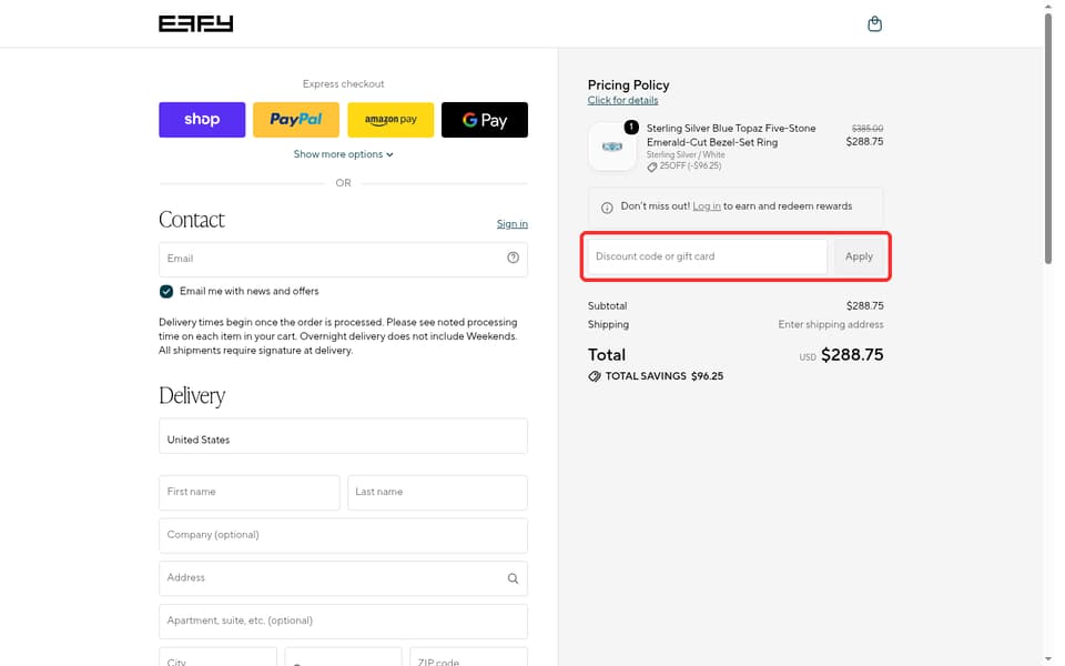 Effy Jewelry checkout page showing the Discount code or gift card field and Apply button