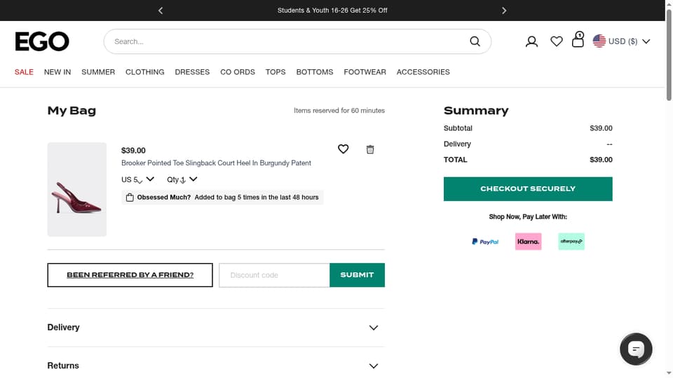 Ego Shoes checkout page showing the Discount code field and SUBMIT button