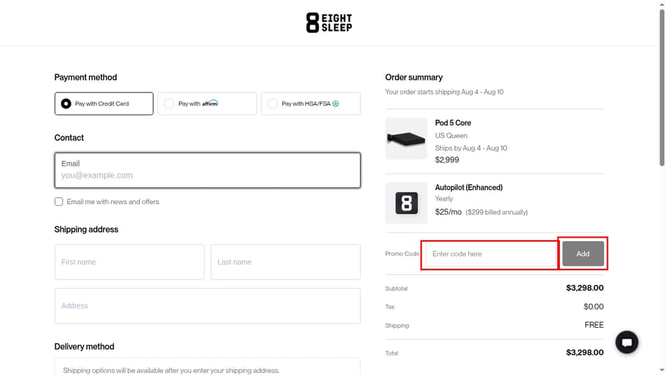 Eight Sleep checkout page showing the Enter code here field and Add button