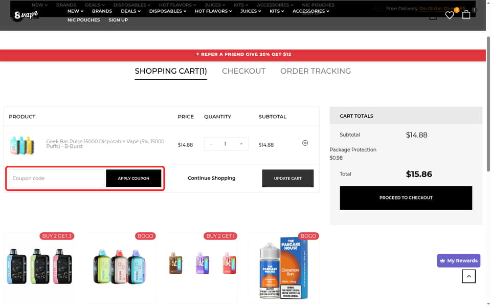 EightVape checkout page showing the Coupon code field and Apply coupon button