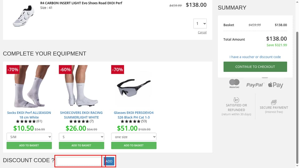 EKOÏ checkout page showing the DISCOUNT CODE ? field and ADD button