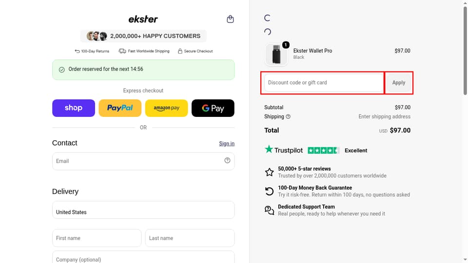 Ekster checkout page showing the Discount code or gift card field and Apply button