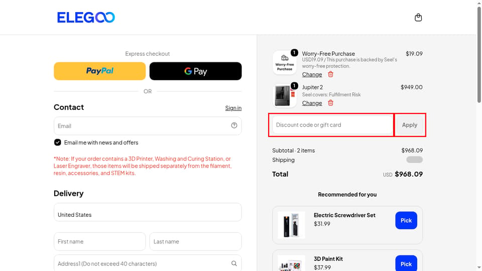 ELEGOO checkout page showing the Discount code or gift card field and Apply button