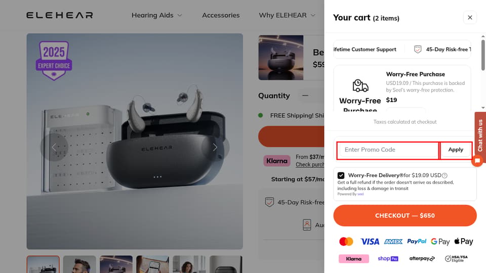 Elehear checkout page showing the Enter Promo Code field and Apply button