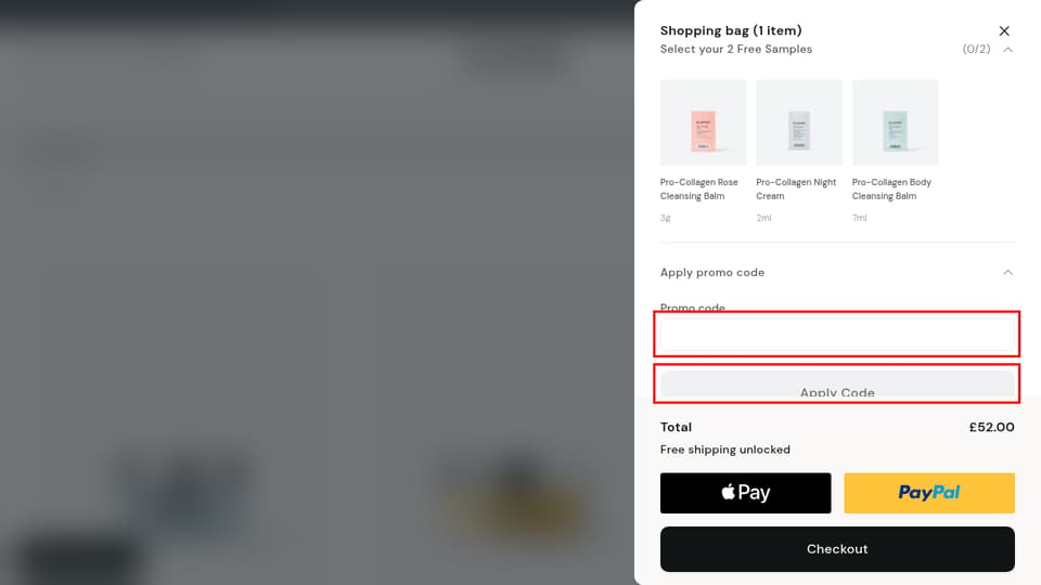 Elemis checkout page showing the Promo code field and Apply Code button